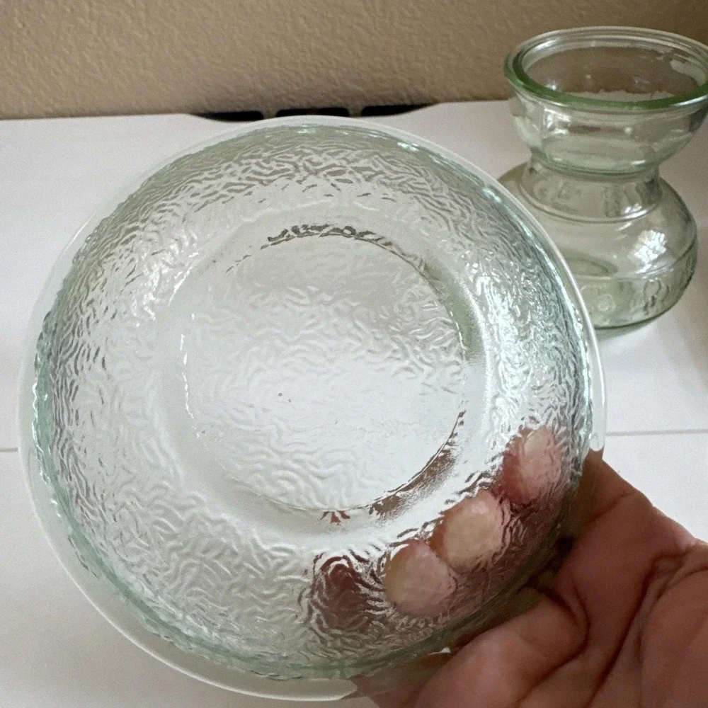 Glass Bulb Forcing Vase W/ Embossed Flower Motif  W/matching Bowl Uranium Glass